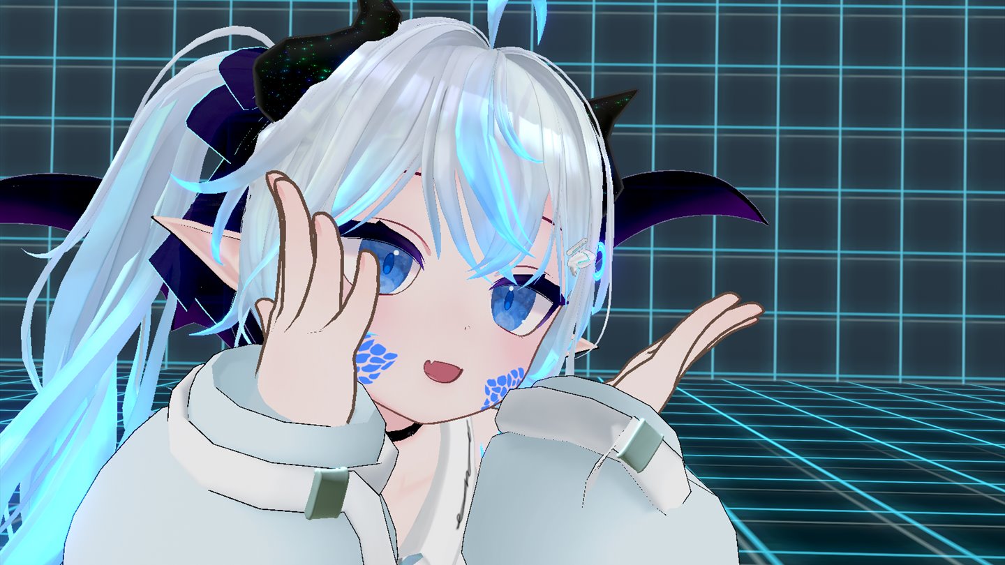 AuroraChan, a white-haired chimera dragon girl, posing in a cyan-lit virtual scene