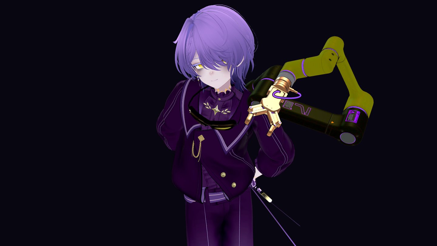 Vega's purple-haired 3D VTuber persona posing with a virtual robotic arm